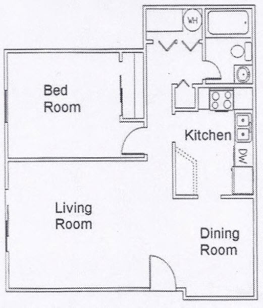 Floor plan for 1 bed, 1 bath, 650 sqft
